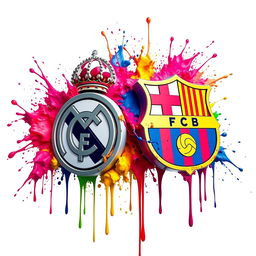 A captivating and surreal 4K UHD illustration featuring the logos of Real Madrid and FC Barcelona in a dynamic, otherworldly pose