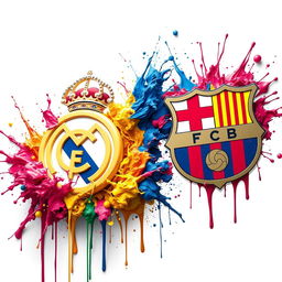 A captivating and surreal 4K UHD illustration featuring the logos of Real Madrid and FC Barcelona in a dynamic, otherworldly pose