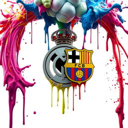 A captivating and surreal 4K UHD illustration featuring the logos of Real Madrid and FC Barcelona in a dynamic, otherworldly pose