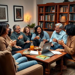 A cozy living room scene featuring a diverse group of adults engaged in an English conversation around a coffee table