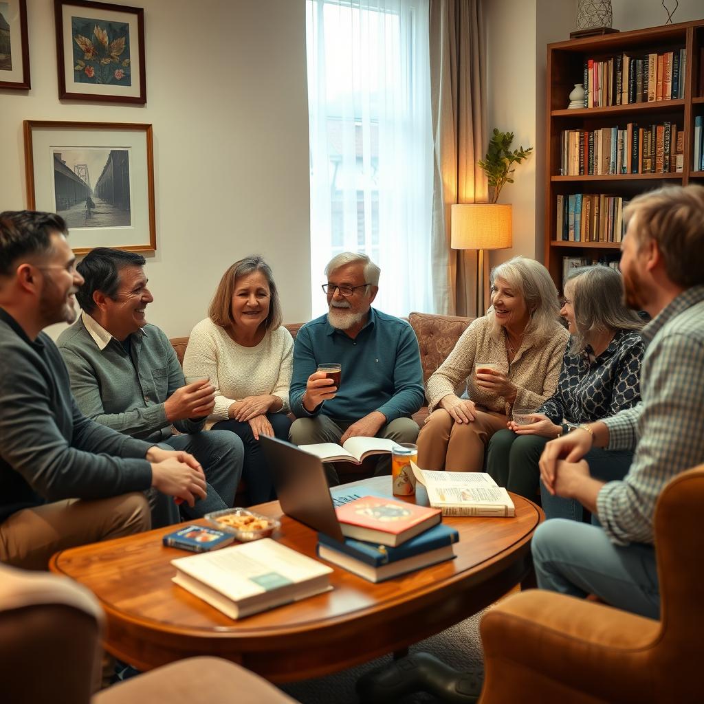 A cozy living room scene featuring a diverse group of adults engaged in an English conversation around a coffee table