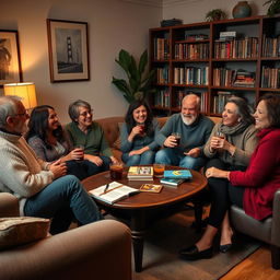 A cozy living room scene featuring a diverse group of adults engaged in an English conversation around a coffee table