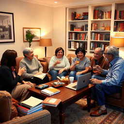 A cozy living room scene featuring a diverse group of adults engaged in an English conversation around a coffee table