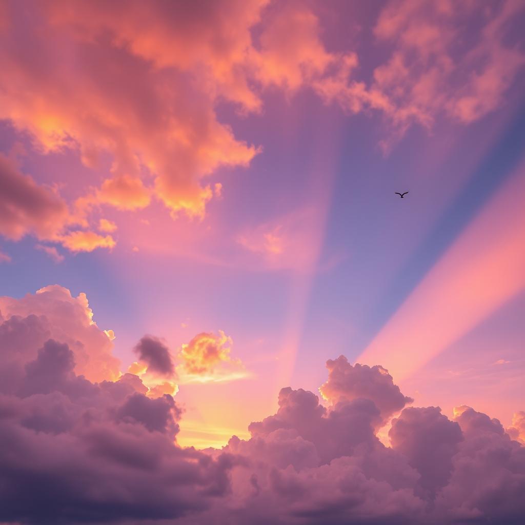 A beautiful sky with vibrant colors, featuring fluffy clouds and a stunning sunset that transitions from warm orange to deep purple hues