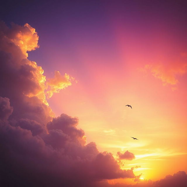 A beautiful sky with vibrant colors, featuring fluffy clouds and a stunning sunset that transitions from warm orange to deep purple hues