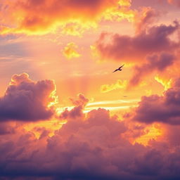 A beautiful sky with vibrant colors, featuring fluffy clouds and a stunning sunset that transitions from warm orange to deep purple hues