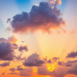 A beautiful sky with vibrant colors, featuring fluffy clouds and a stunning sunset that transitions from warm orange to deep purple hues