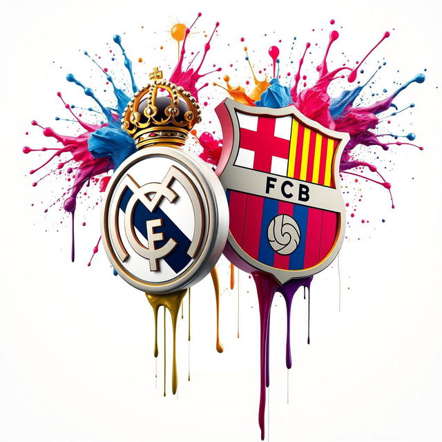 A captivating and surreal illustration in 4K UHD featuring the logos of Real Madrid and Barcelona in a dynamic, almost otherworldly pose
