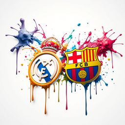 A captivating and surreal illustration in 4K UHD featuring the logos of Real Madrid and Barcelona in a dynamic, almost otherworldly pose