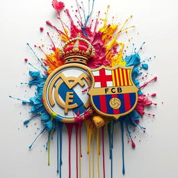 A captivating and surreal illustration in 4K UHD featuring the logos of Real Madrid and Barcelona in a dynamic, almost otherworldly pose