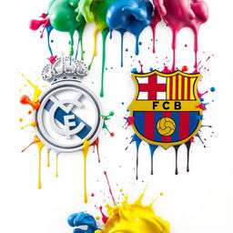 A captivating and surreal illustration in 4K UHD featuring the logos of Real Madrid and Barcelona in a dynamic, almost otherworldly pose
