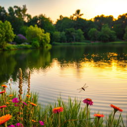 A serene landscape featuring a tranquil lake surrounded by lush greenery and vibrant wildflowers