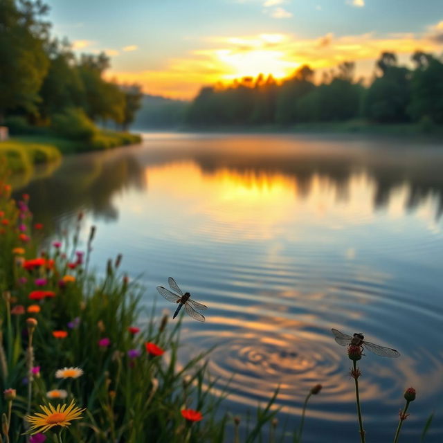 A serene landscape featuring a tranquil lake surrounded by lush greenery and vibrant wildflowers