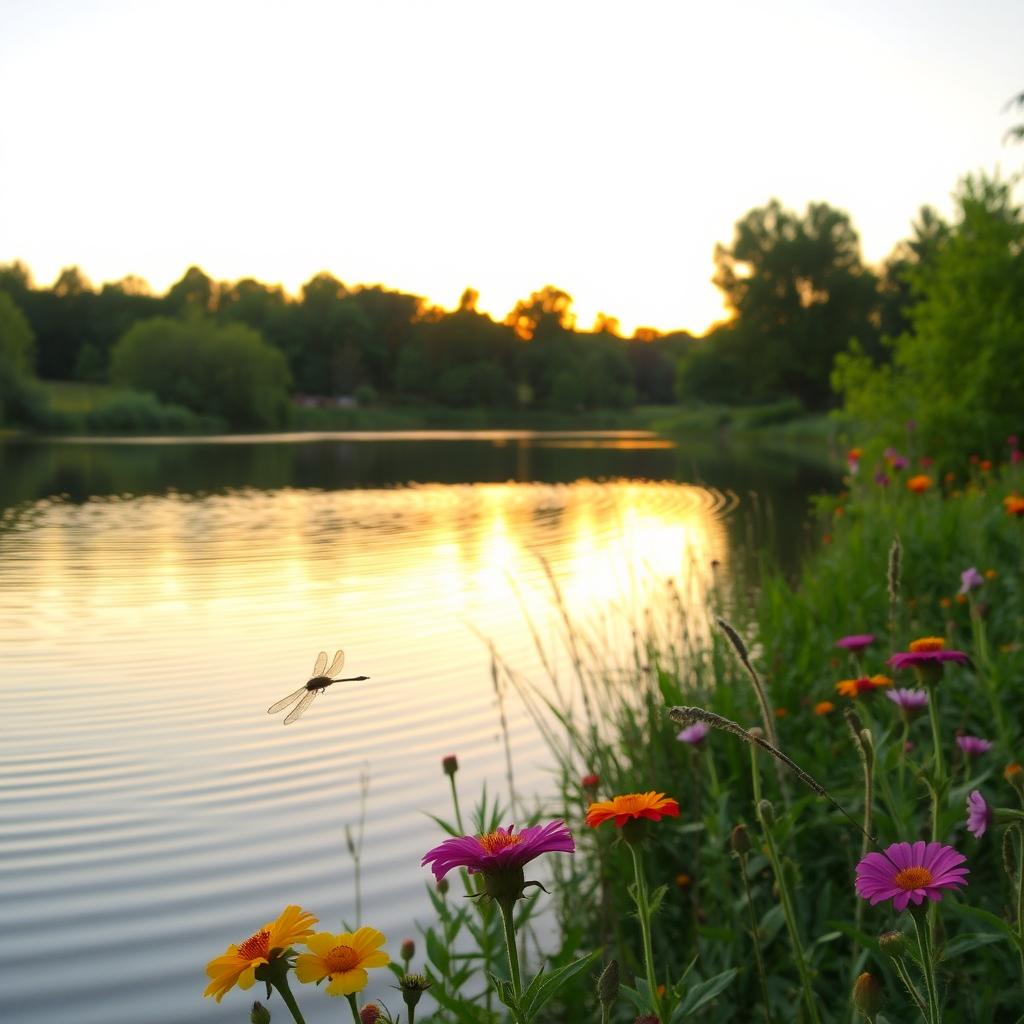 A serene landscape featuring a tranquil lake surrounded by lush greenery and vibrant wildflowers