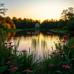 A serene landscape featuring a tranquil lake surrounded by lush greenery and vibrant wildflowers