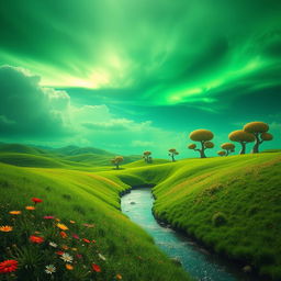 A surreal landscape featuring a green sky, with vibrant shades of green blending into clouds