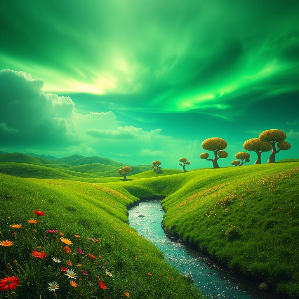 A surreal landscape featuring a green sky, with vibrant shades of green blending into clouds