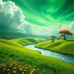 A surreal landscape featuring a green sky, with vibrant shades of green blending into clouds