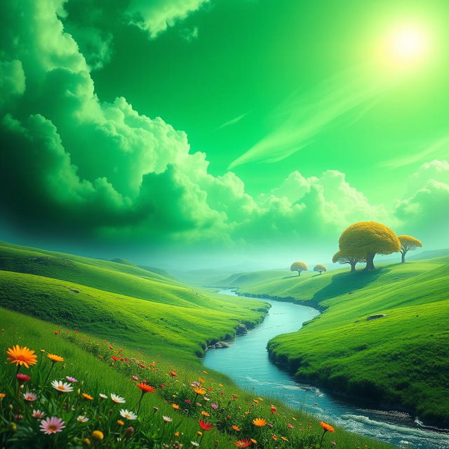 A surreal landscape featuring a green sky, with vibrant shades of green blending into clouds