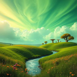 A surreal landscape featuring a green sky, with vibrant shades of green blending into clouds