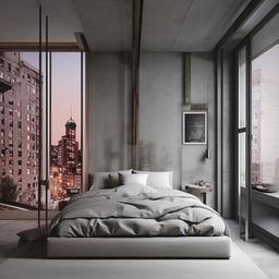 An urban-style bedroom with dimensions of 12 feet by 9 feet. The room showcases elements of city life, with contemporary furniture, industrial decor, and a modern color scheme.