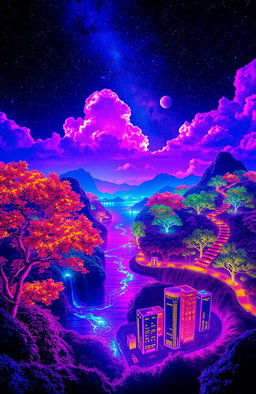 A vibrant, surreal landscape filled with neon colors, featuring glowing trees with luminescent leaves, a shimmering river reflecting the light, and a starry night sky illuminated by glowing clouds