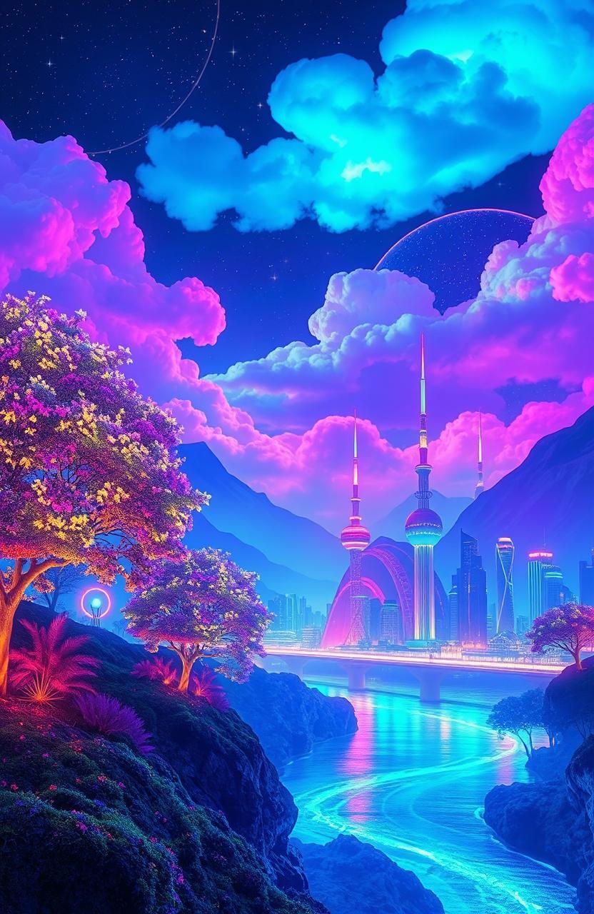 A vibrant, surreal landscape filled with neon colors, featuring glowing trees with luminescent leaves, a shimmering river reflecting the light, and a starry night sky illuminated by glowing clouds