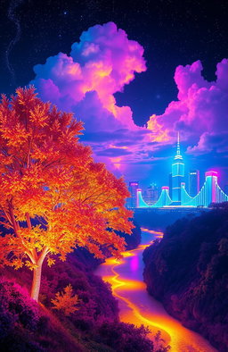 A vibrant, surreal landscape filled with neon colors, featuring glowing trees with luminescent leaves, a shimmering river reflecting the light, and a starry night sky illuminated by glowing clouds