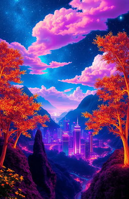 A vibrant, surreal landscape filled with neon colors, featuring glowing trees with luminescent leaves, a shimmering river reflecting the light, and a starry night sky illuminated by glowing clouds