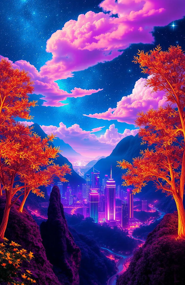 A vibrant, surreal landscape filled with neon colors, featuring glowing trees with luminescent leaves, a shimmering river reflecting the light, and a starry night sky illuminated by glowing clouds