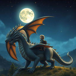 A stunning nighttime scene featuring a person riding on a majestic moly scuti, a fantastical creature resembling a large, ornate dragon with shimmering scales and elegant wings