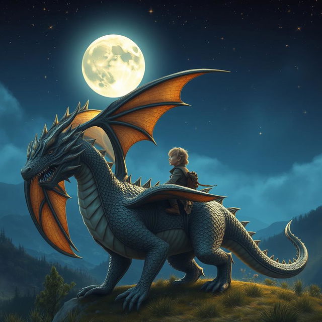 A stunning nighttime scene featuring a person riding on a majestic moly scuti, a fantastical creature resembling a large, ornate dragon with shimmering scales and elegant wings