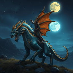 A stunning nighttime scene featuring a person riding on a majestic moly scuti, a fantastical creature resembling a large, ornate dragon with shimmering scales and elegant wings