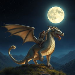 A stunning nighttime scene featuring a person riding on a majestic moly scuti, a fantastical creature resembling a large, ornate dragon with shimmering scales and elegant wings