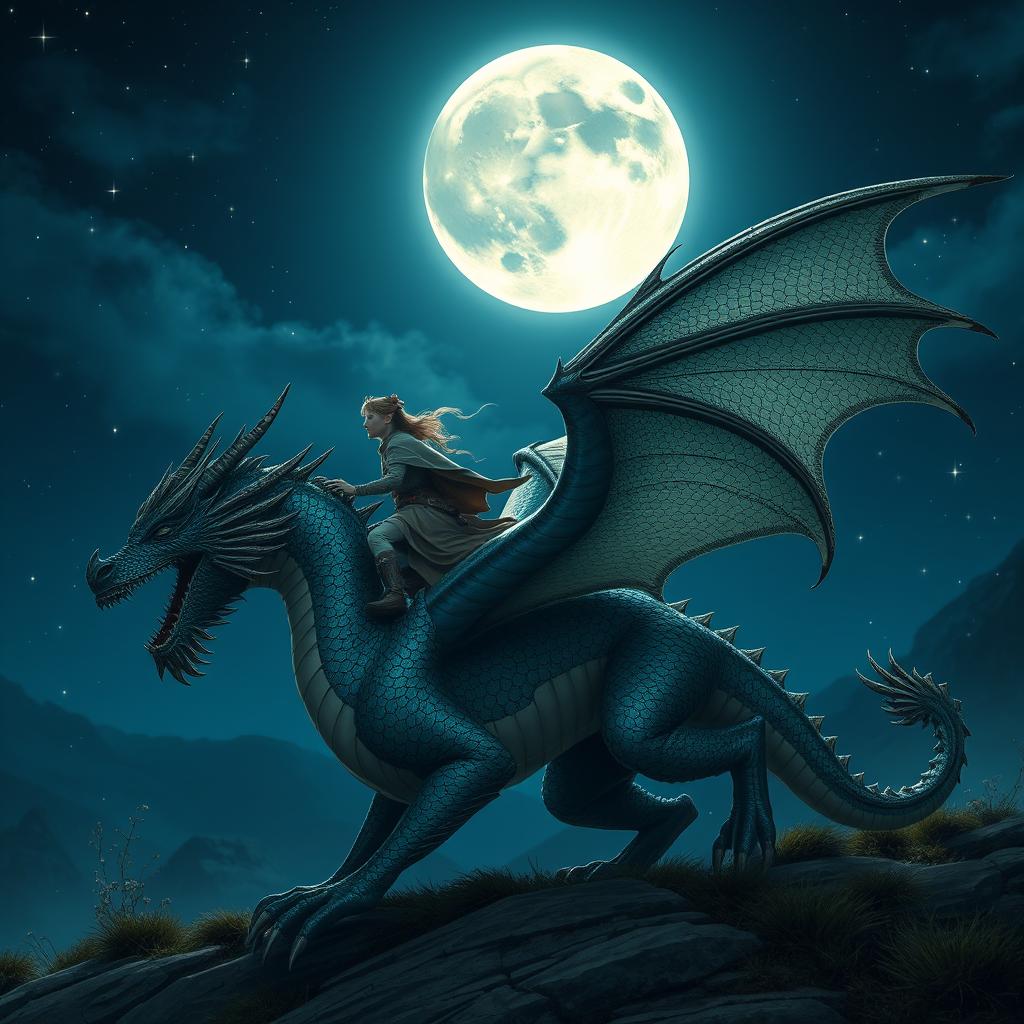 A stunning nighttime scene featuring a person riding on a majestic moly scuti, a fantastical creature resembling a large, ornate dragon with shimmering scales and elegant wings