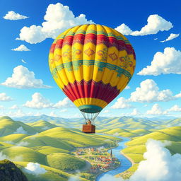 A beautifully designed, detailed illustration of a voluminous colorful hot air balloon floating majestically in a bright blue sky with fluffy white clouds