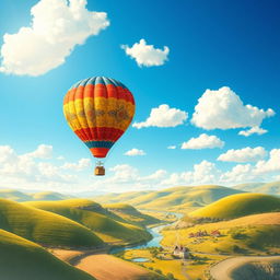 A beautifully designed, detailed illustration of a voluminous colorful hot air balloon floating majestically in a bright blue sky with fluffy white clouds