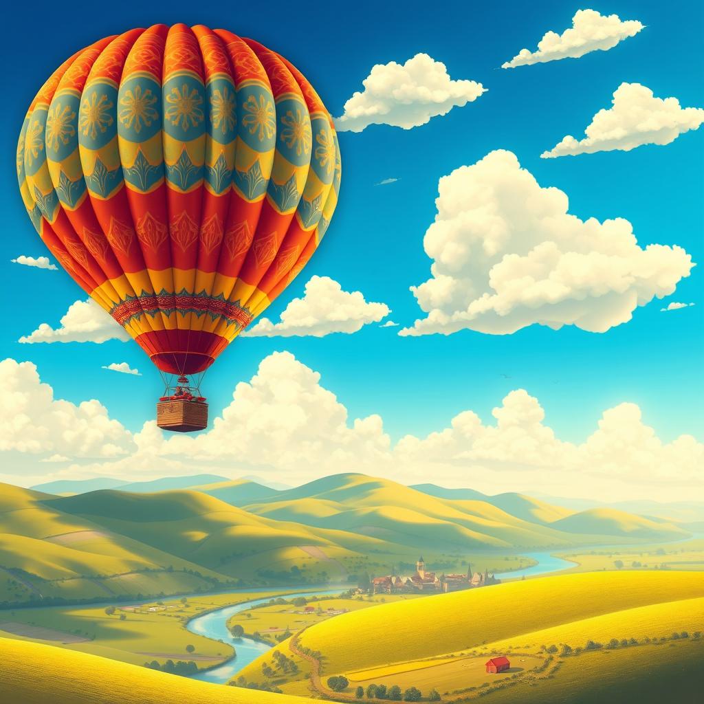 A beautifully designed, detailed illustration of a voluminous colorful hot air balloon floating majestically in a bright blue sky with fluffy white clouds