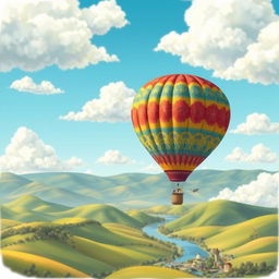 A beautifully designed, detailed illustration of a voluminous colorful hot air balloon floating majestically in a bright blue sky with fluffy white clouds