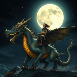 A captivating nighttime scene of a person riding a magnificent moly scuti, a mythical creature with striking characteristics reminiscent of a dragon, adorned with intricate patterns and shimmering scales