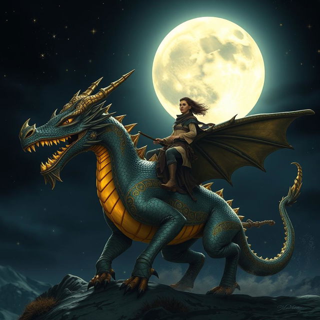 A captivating nighttime scene of a person riding a magnificent moly scuti, a mythical creature with striking characteristics reminiscent of a dragon, adorned with intricate patterns and shimmering scales