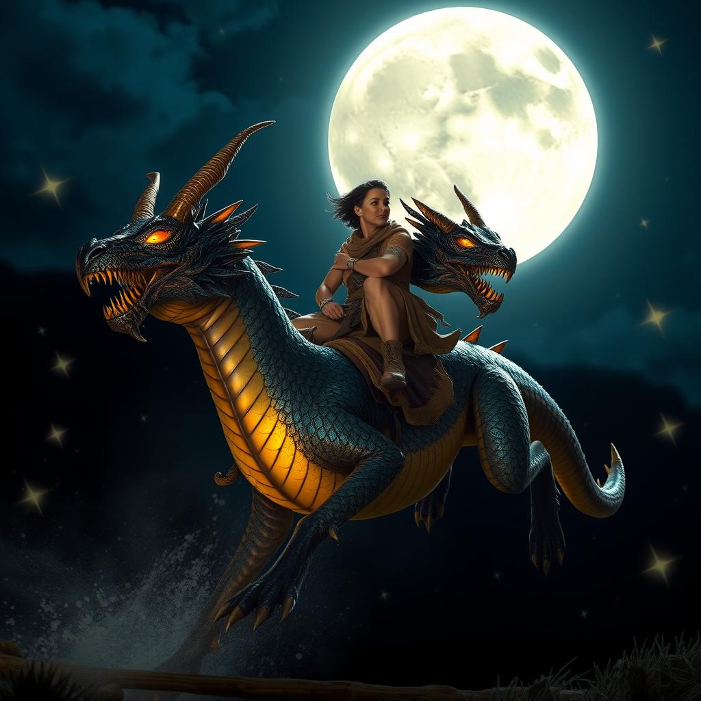 A captivating nighttime scene of a person riding a magnificent moly scuti, a mythical creature with striking characteristics reminiscent of a dragon, adorned with intricate patterns and shimmering scales