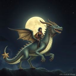 A captivating nighttime scene of a person riding a magnificent moly scuti, a mythical creature with striking characteristics reminiscent of a dragon, adorned with intricate patterns and shimmering scales