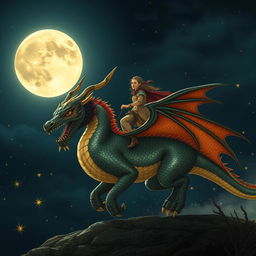 A captivating nighttime scene of a person riding a magnificent moly scuti, a mythical creature with striking characteristics reminiscent of a dragon, adorned with intricate patterns and shimmering scales