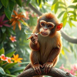 A humorous scene of a monkey sitting on a tree branch, holding a cigarette in its paw and puffing smoke