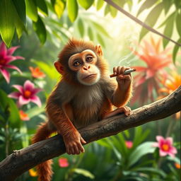 A humorous scene of a monkey sitting on a tree branch, holding a cigarette in its paw and puffing smoke