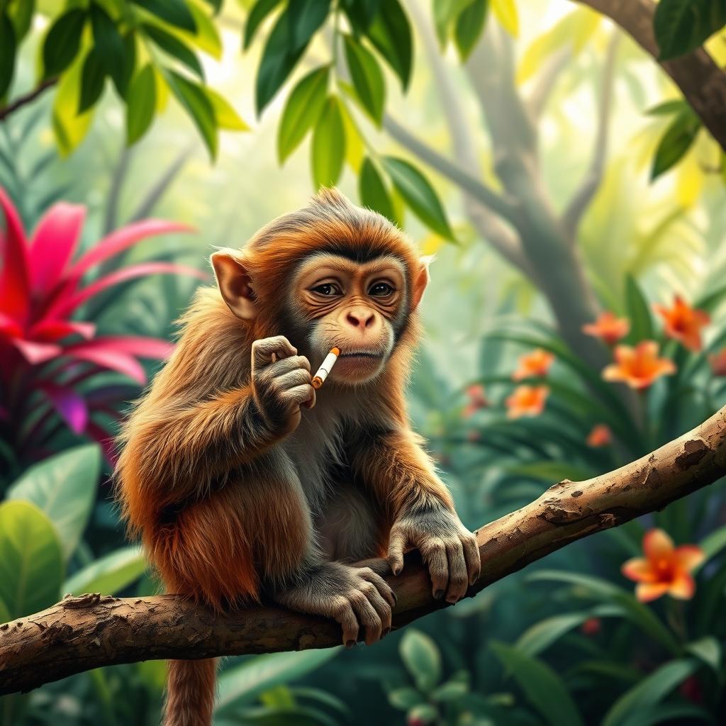 A humorous scene of a monkey sitting on a tree branch, holding a cigarette in its paw and puffing smoke