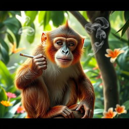 A humorous scene of a monkey sitting on a tree branch, holding a cigarette in its paw and puffing smoke