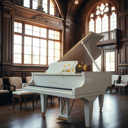 A serene scene in a cozy municipio (town hall) featuring a white grand piano