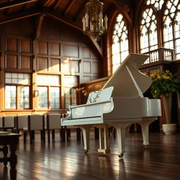 A serene scene in a cozy municipio (town hall) featuring a white grand piano
